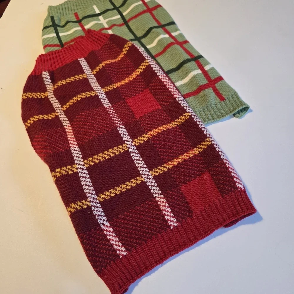 Heart To Tail Dog Knit Sweaters LG Plaid Set of 2 Red Green Winter Warm Walk